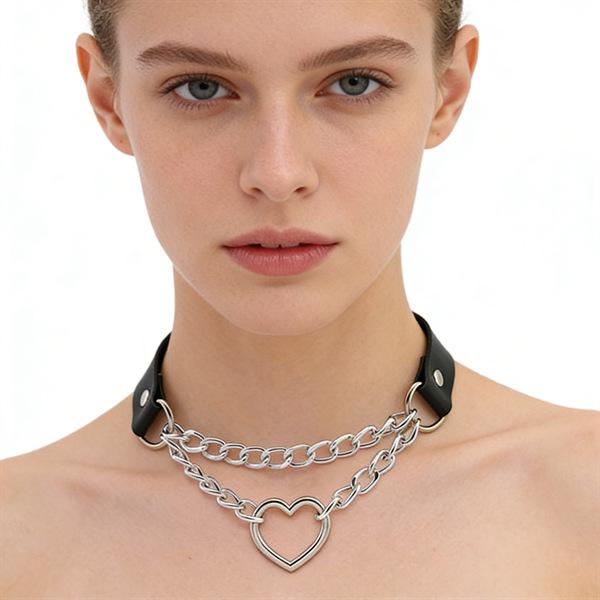 Unisex European Punk Black Leather Choker with Metal Chain and Lock Pendant.