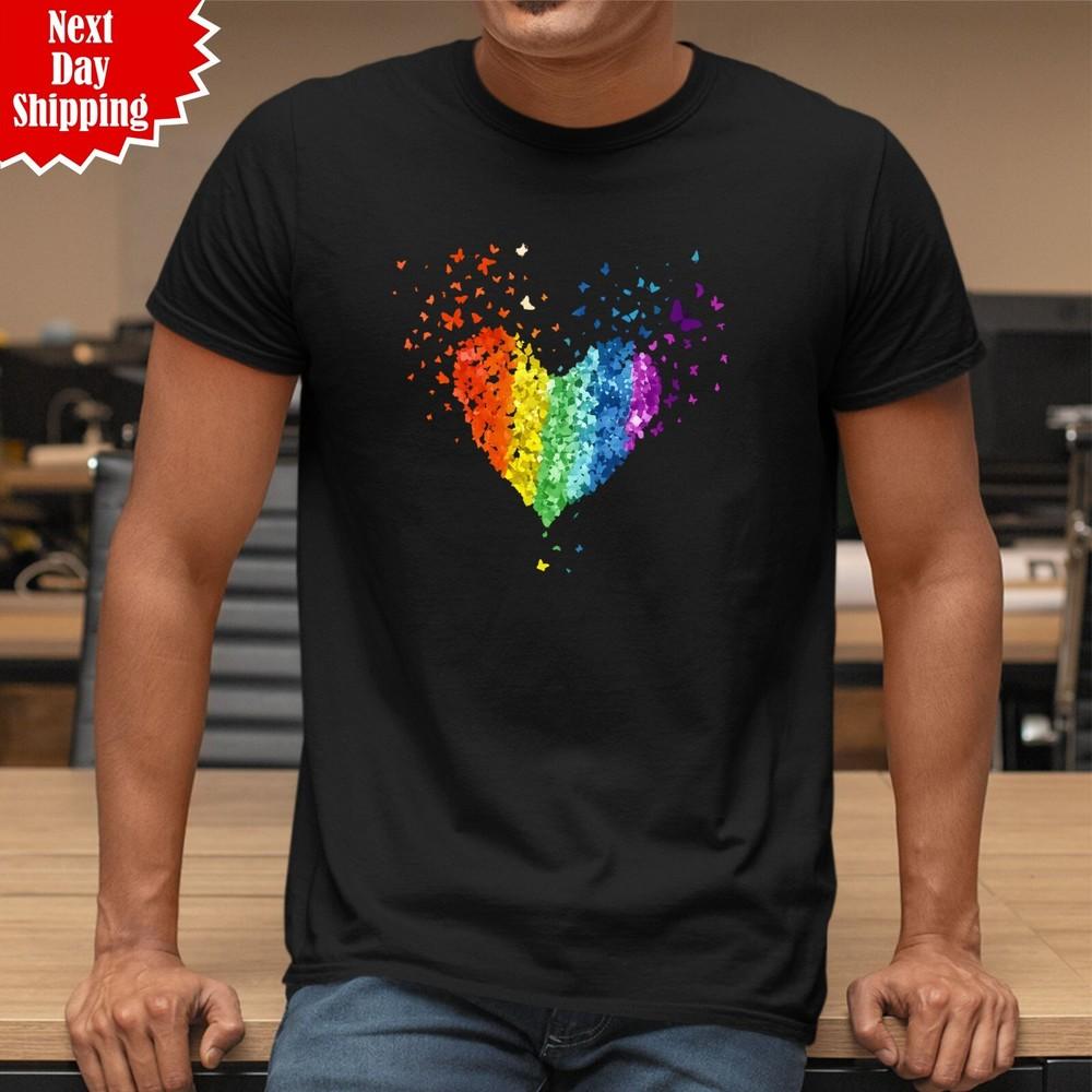 

Rainbow Butterfly Pride Love Heart T Shirt Printed Pride Month LGBTQ Unisex Top XL