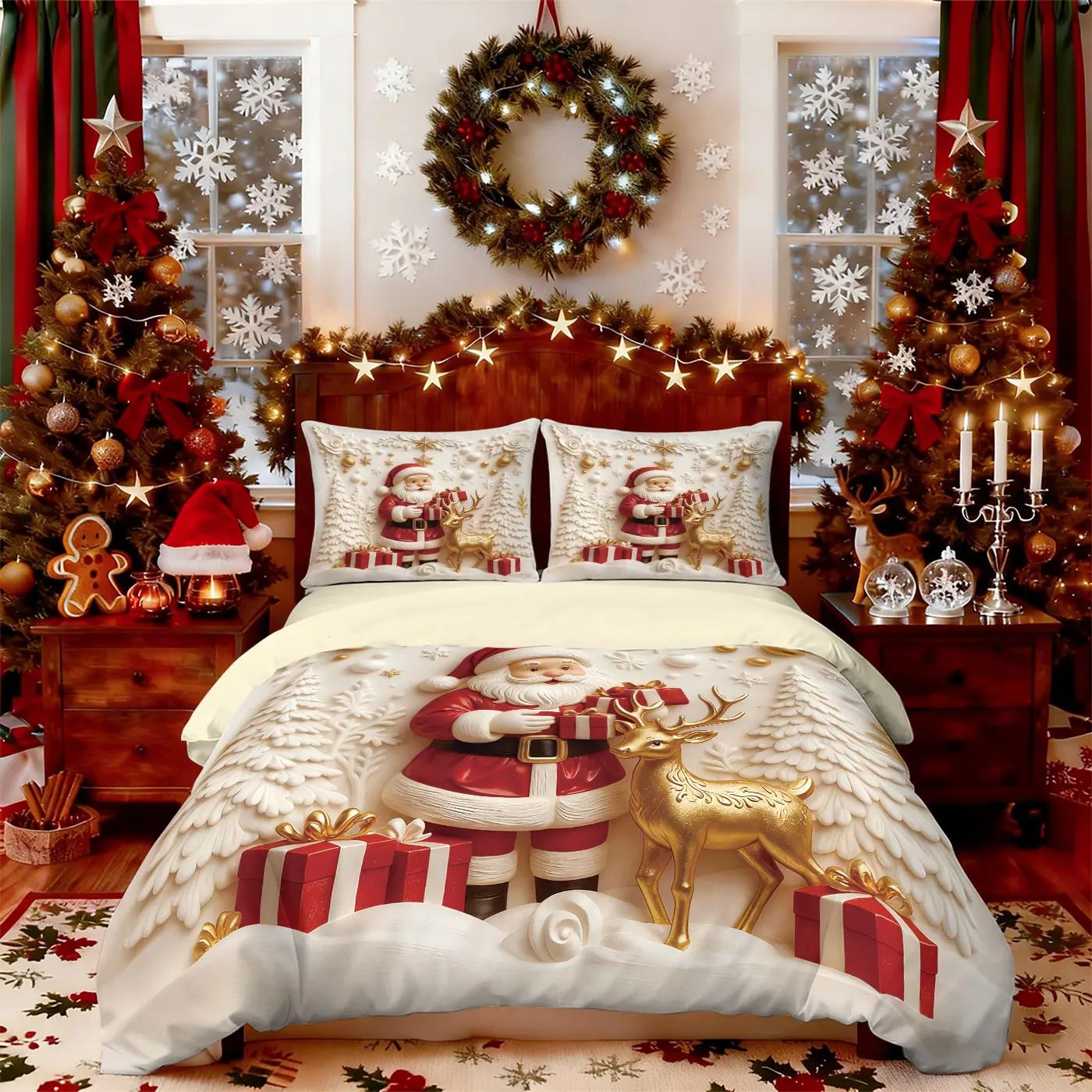 

3Pcs Merry Christmas Snowman Bedding Set 3D Printed Coreless Multi Size Bedroom Home Decoration Machine Washable New Gift Duvet Cover Set&EU Single(135x200cm)