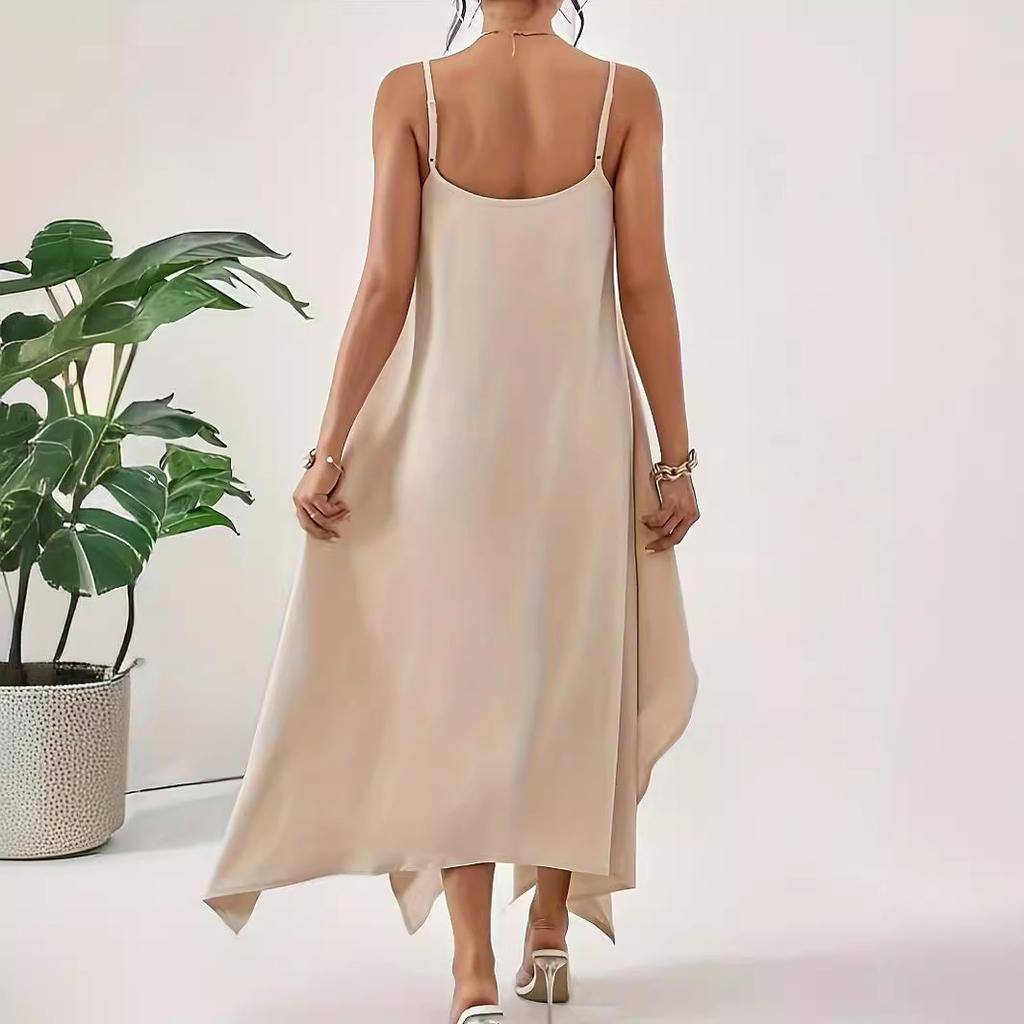 Women's Solid Color Spaghetti Strap Irregular Hem Maxi Dress Loose Sleeveless Casual Long Sundress