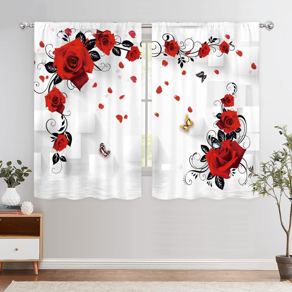 Elegant Red Roses Floral Curtains Black Victorian Style Romantic Drapes Bedroom Window Curtain Home Decor