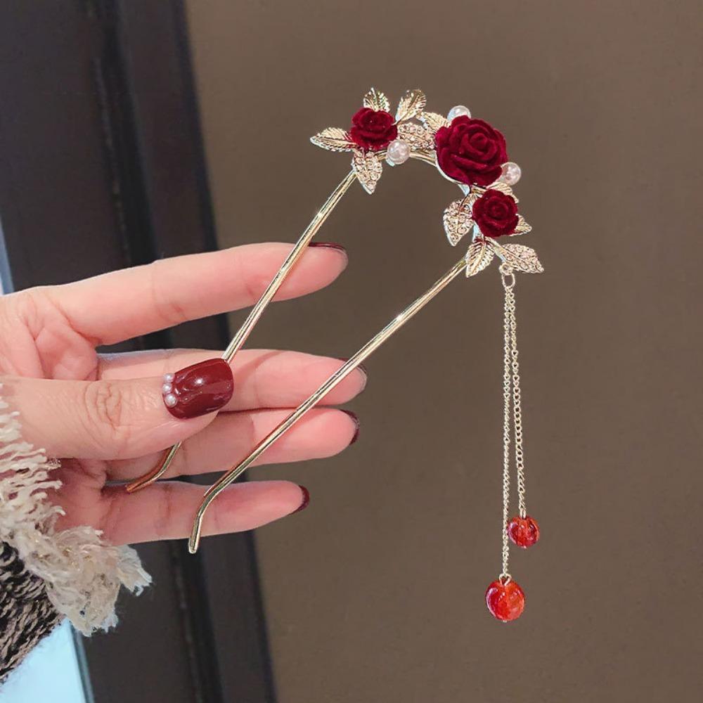 

1pc Ancient Style New Year Red Flower Tassel U-shaped Hairpin Women High-end Flocked Alloy Hairpin Elegant Hanfu Headwear