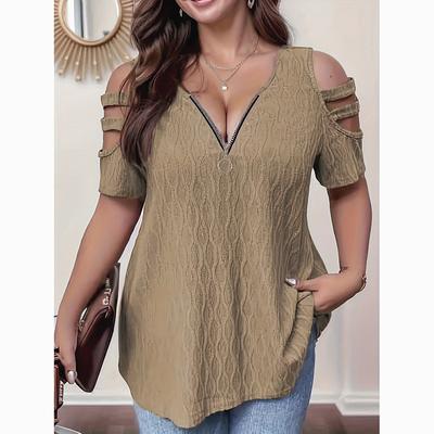 Été solide épaules dénudées fermeture éclair col en V femmes t-shirts hauts à manches courtes grande taille décontracté t-shirt femme mode élégant tricot t-shirts 24125