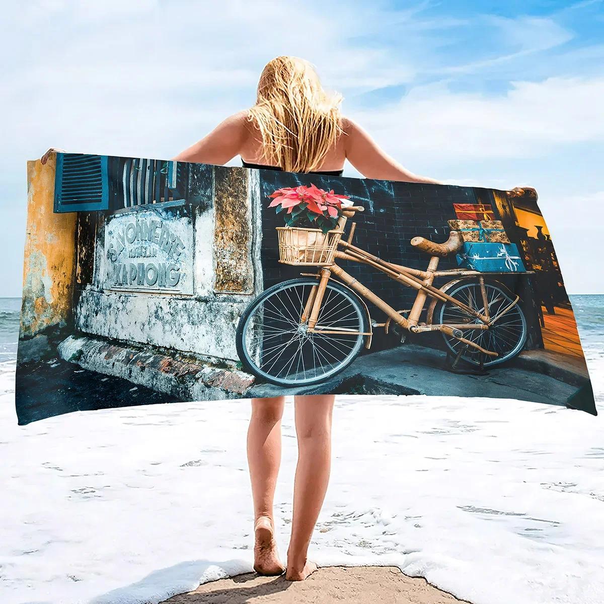 

Bicycle Bike Print Beach Towel Super Soft Absorbent Fade Resistant Polyester Bath Towels Fingertip Towels for Bathroom Hotel Gym W30*H60(CM)