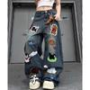 Vintage Cartoon Plüsch Bestickte Jeans Damen Frühling Neue Gerade Hose Hohe Taille Lässige Denimhose