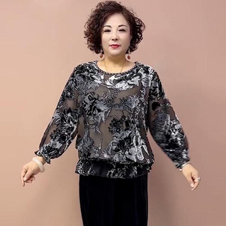 Spring and Autumn Women's Plus-Size Blouse Loose Fit Printed Silk Blouse Round Neck Floral Velvet Blouse