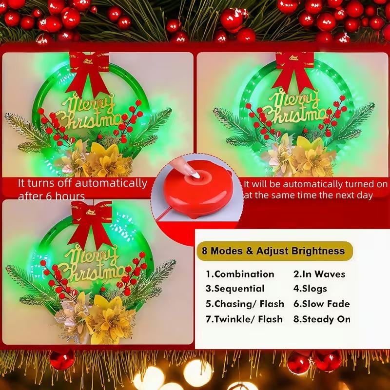 2025 LED Christmas Wreath Hanging Decoration with 8 Light Flashing Functions & Timer LED String Lights Home Window Ornament Lamp