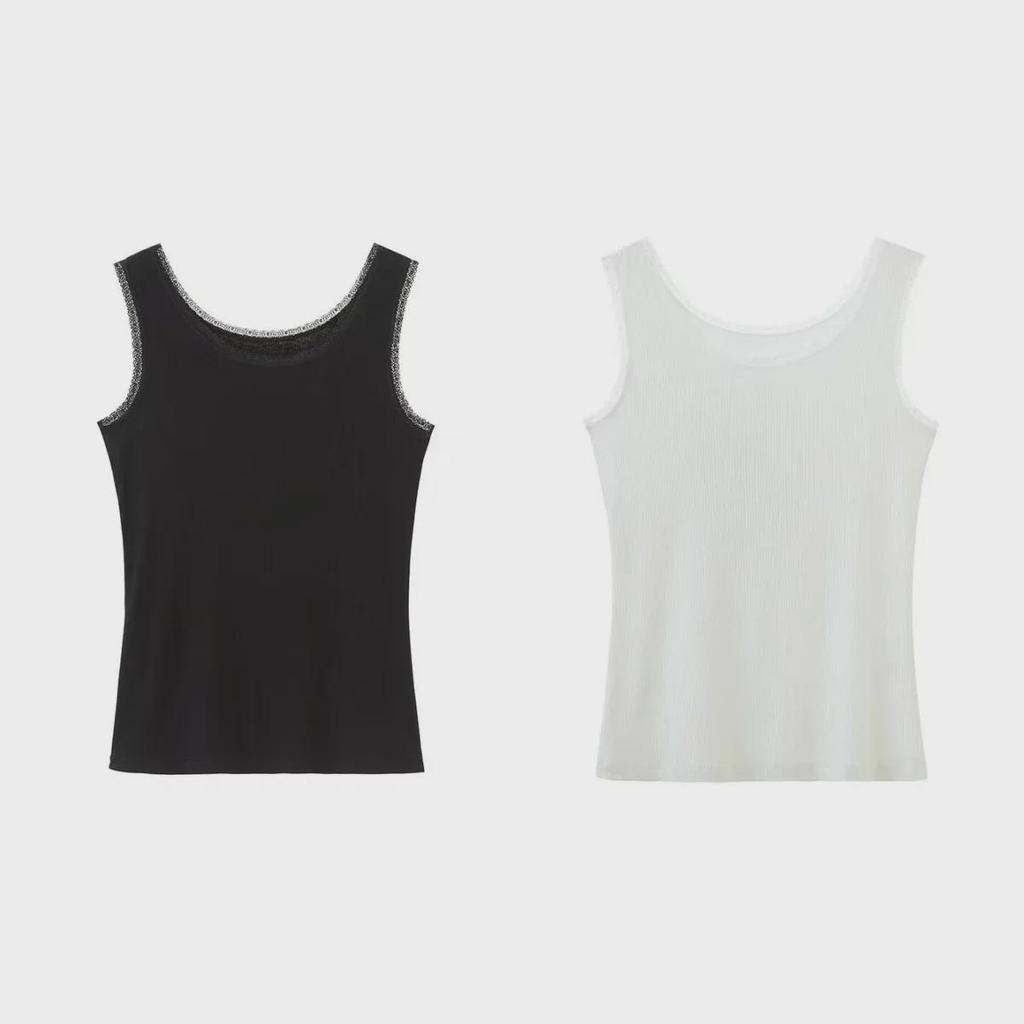 Damen Modal Geripptes Tanktop mit breiten Trägern und Spitzenbesatz - Frühling/Sommer Übergröße Lockere Passform