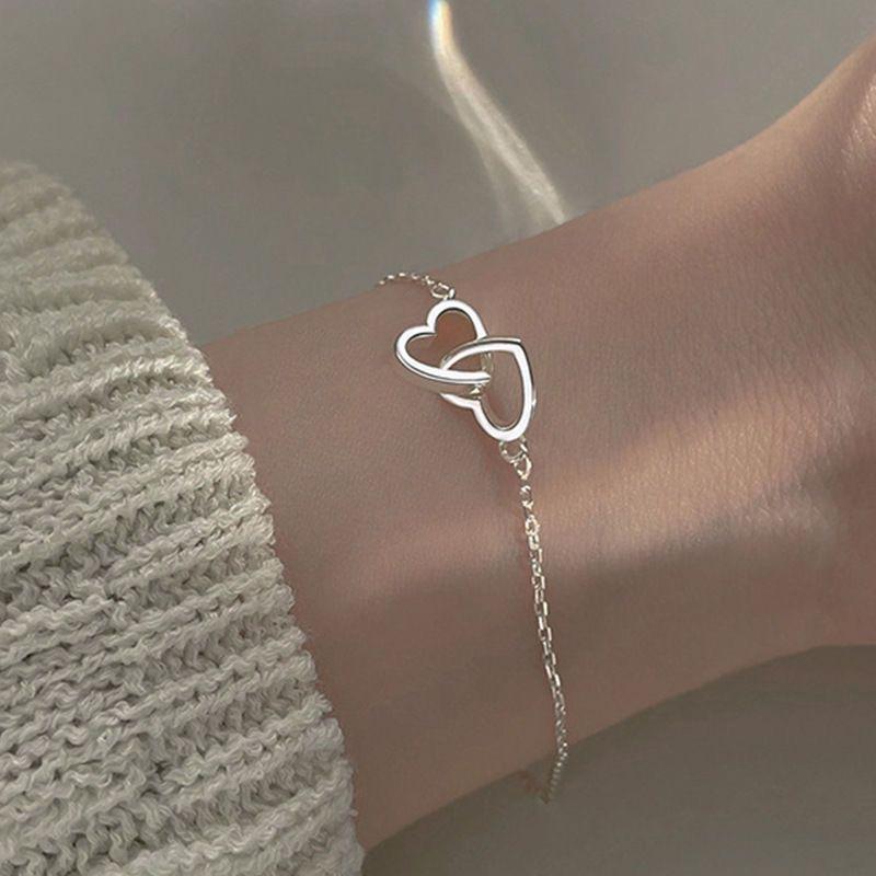 Korean Version Hollow Peach Heart Double Heart Bracelet Women's Cold Wind Simple Ins Niche Light and Thin Love Bracelet