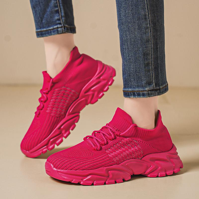 Fashion Women's New Elastic Fabric Sports Thick Soled Lace Up Tennis Outdoor Running Breathable Casual Shoes Lightweight Walking Shoes