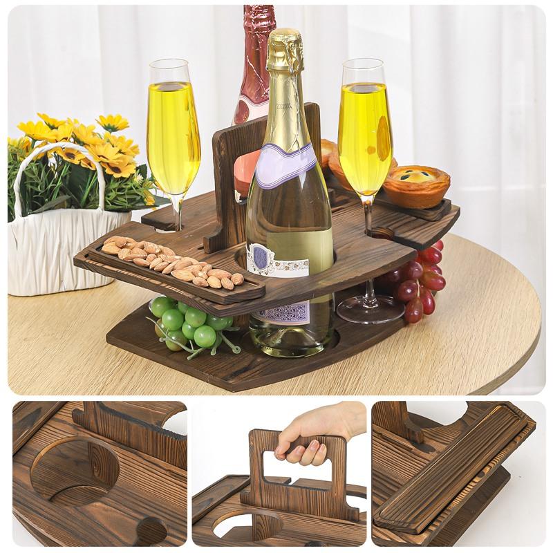Outdoor Portable Wine Table Fruit Wine Rack Cookout Party Round Desk Wooden Foldable Garden Picnic Snack Tray