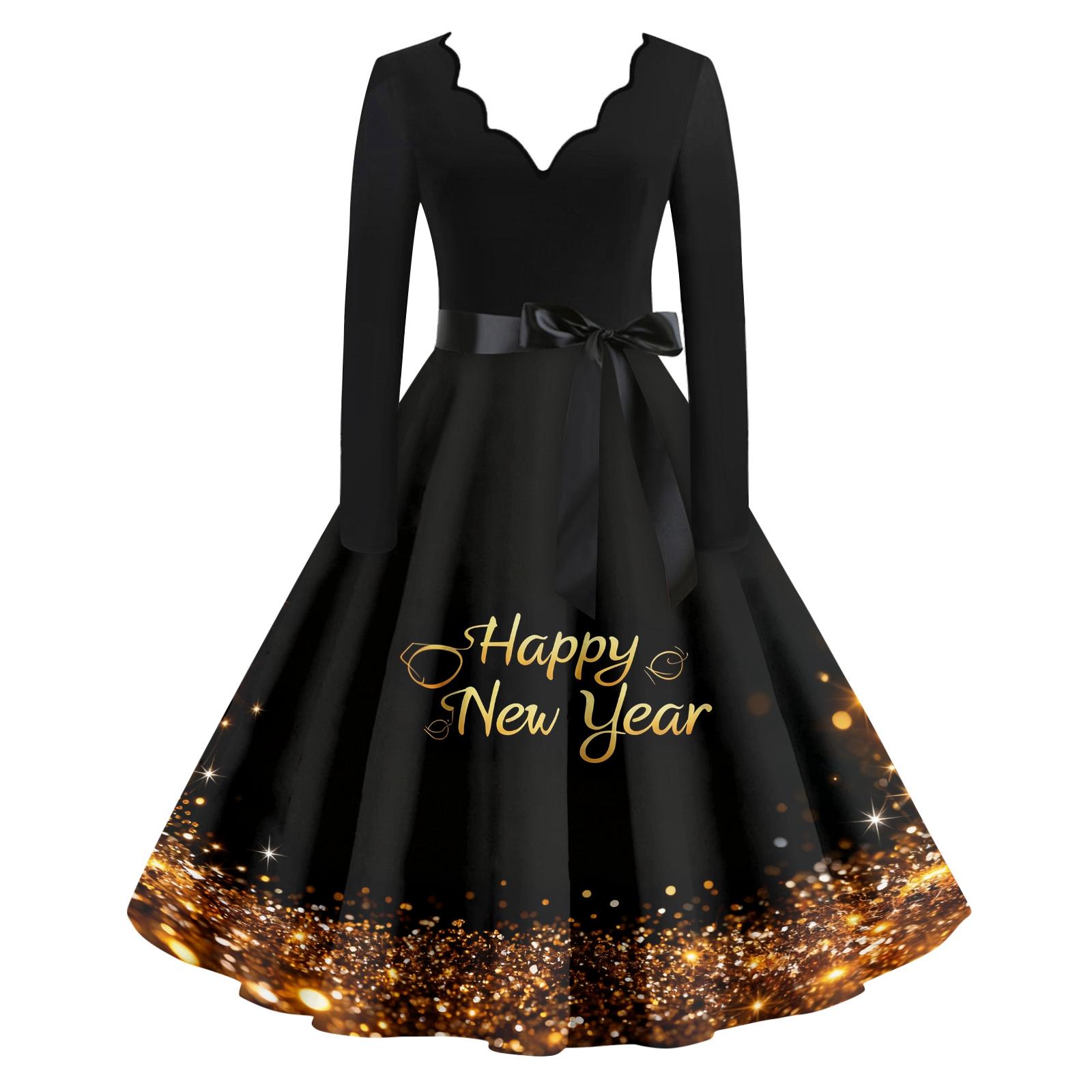Women s Casual Fashion New Year Printed V-Neck Vintage Dress L