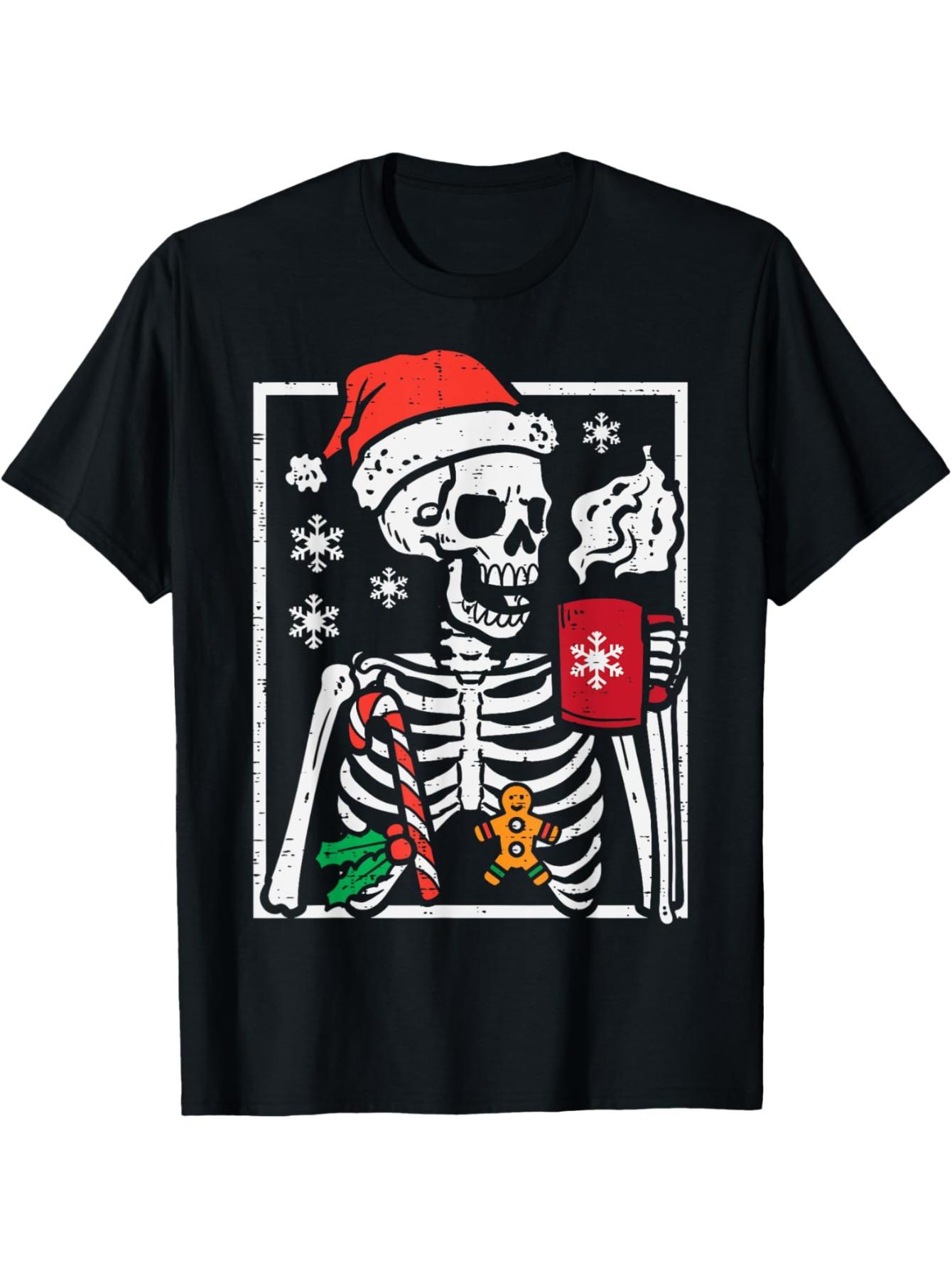 Unisexs Christmas Skeleton Tee Hot Chocolate Candy Cane Black White Family Tee M