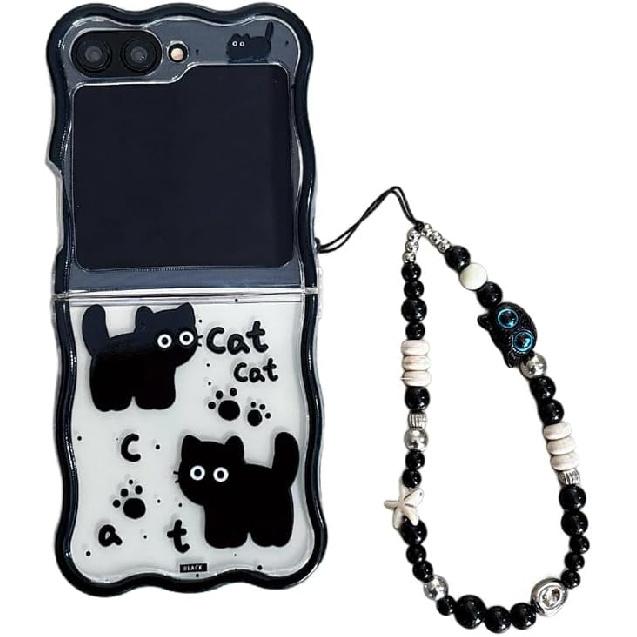 For Samsung Galaxy Z Flip5/6 Cover,Cartoon Black Cats Pattern Clear Fold Phone Cover with Key Chain for Women Girls,Cute Galaxy Z Flip 6 Case (Z Flip