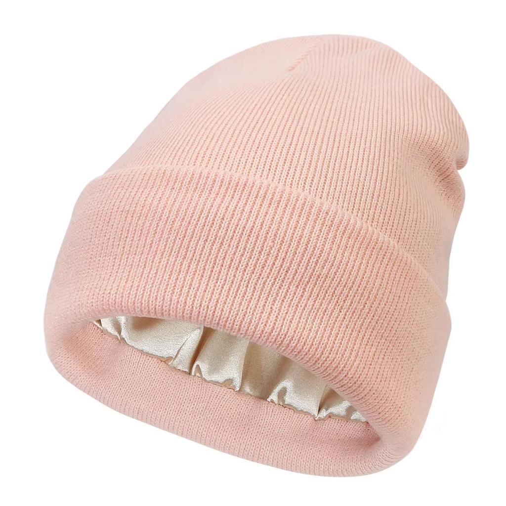 Unisex Satin Lined Beanie Hat For Women Winter Silk Lining Slouchy Warm Cuffed Skullies 2Layer Hair Cover Sleep Cap
