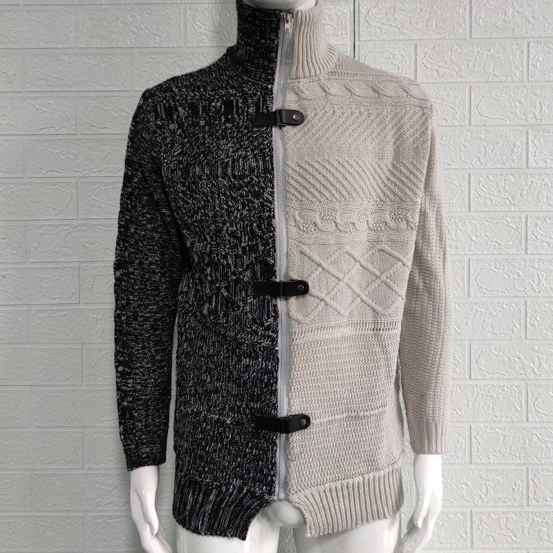 Men's Plus Size Color Block High Neck Cardigan with Leather Buckle - Long Sleeve Knit Sweater, Autumn/Winter Collection
