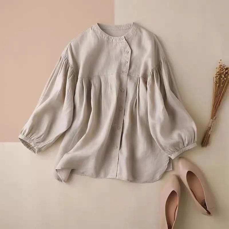 Solid Color  Sleeve Cotton And Linen Shirt, Women's Loose Doll Shirt, Design Sense, Nine Quarter Sleeve Fashionable Shirt