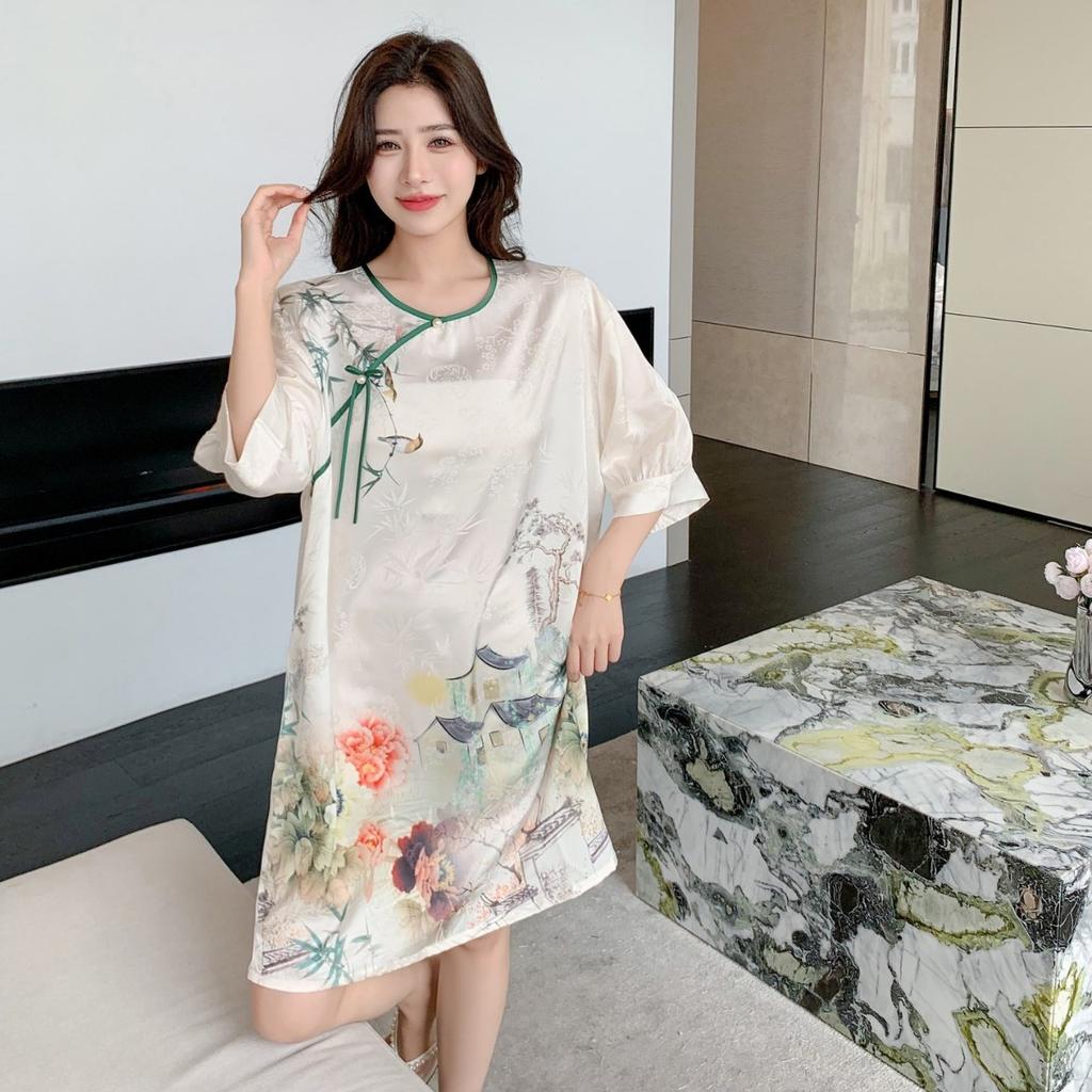 [Flower skirt] Ice silk nightdress women's new summer flower high-end sweet national style loungewear live broadcast