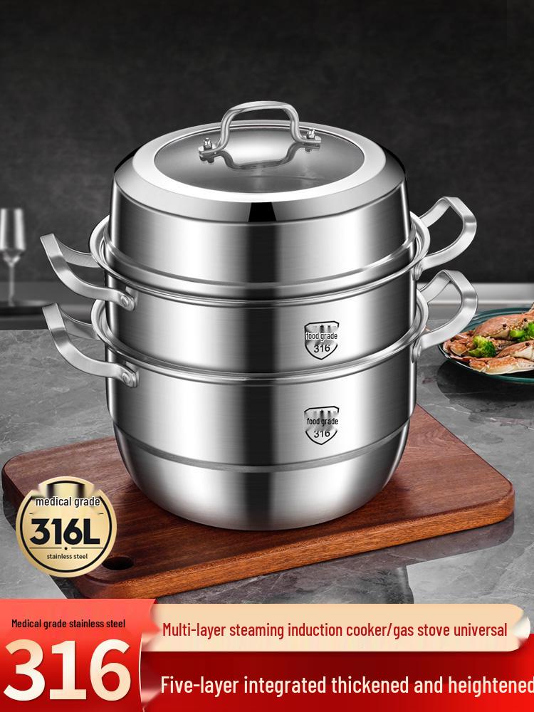 Tall and Thick 316 Stainless Steel Multi-Layer Steamer Pot with Integrated Molding and Food-Grade Steaming Basket