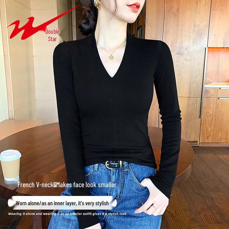 Women's Deep V-Neck Slim-Fit Long-Sleeve T-Shirt