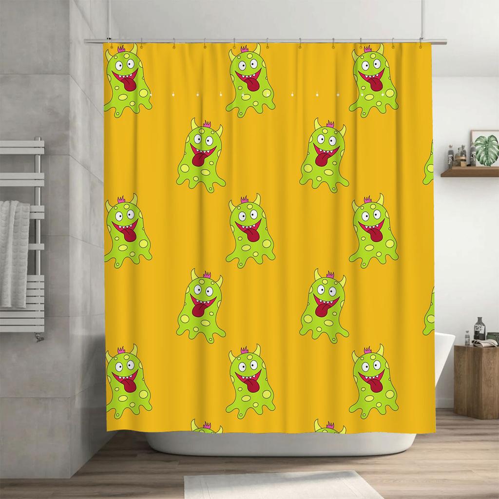 Adorable Monster Print Shower Curtain Cheerful Green Creature Pattern for Bathroom Decor Water-Resistant Fabric with Hook Rings