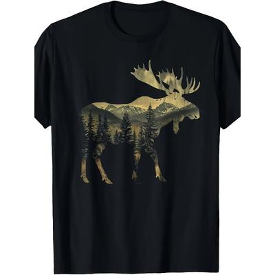 European Sizes Men'S Vintage National Park T-Shirt - a Soft And Breathable Black Crew Neck Shirt Featuring a Moose And Mountain Scenery Design