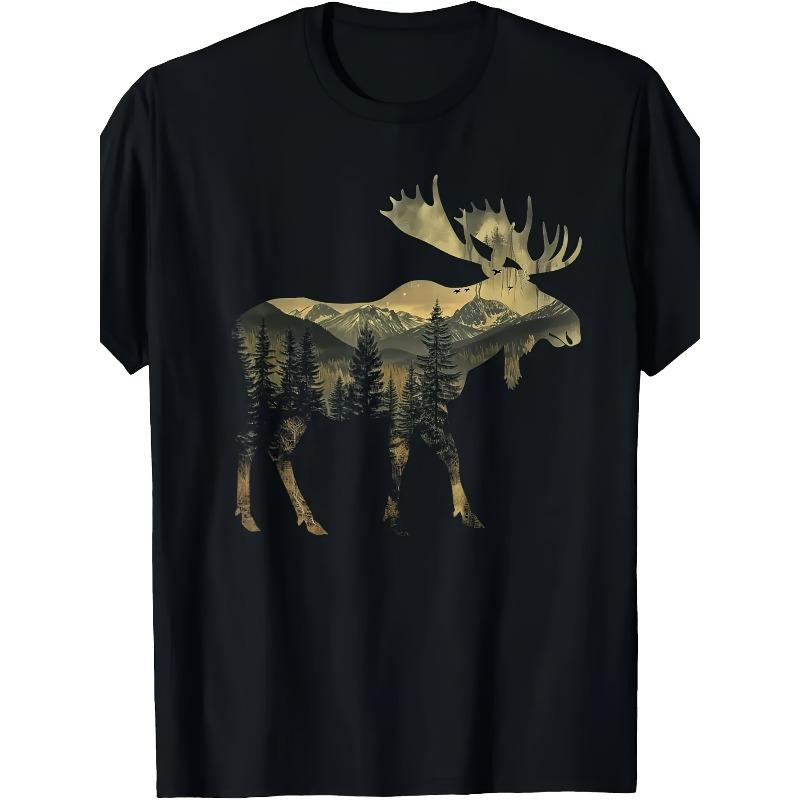 

European sizes Men S Vintage National Park T-Shirt - a Soft And Breathable Black Crew Neck Shirt Featuring a Moose And Mountain Scenery Design 4XL