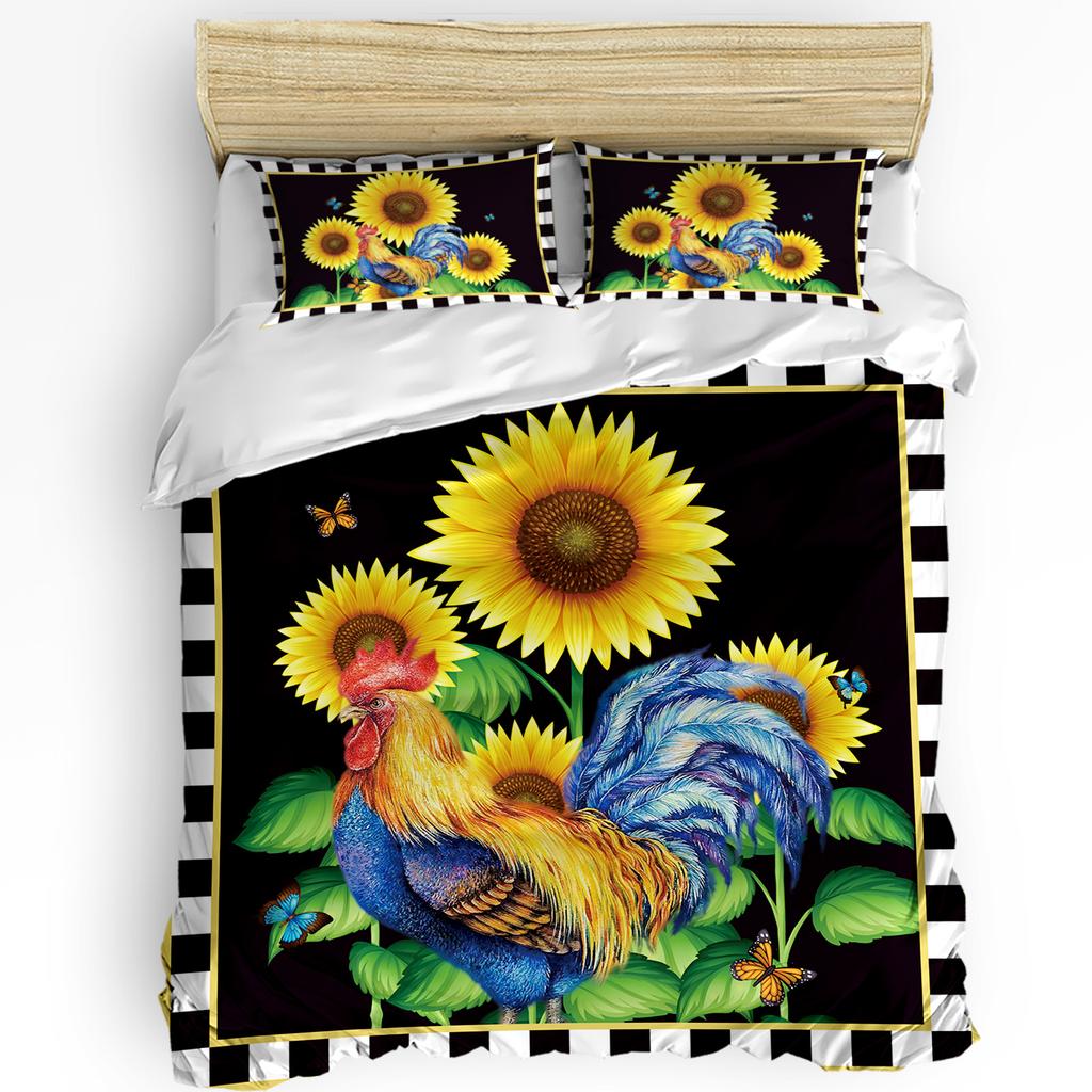 Husă de pilotă cu ilustrație retro de cocoș de fermă și față de pernă, set de lenjerie de pat personalizat cu 3 bucăți, husă de pilotă, pat dublu, textile pentru casă