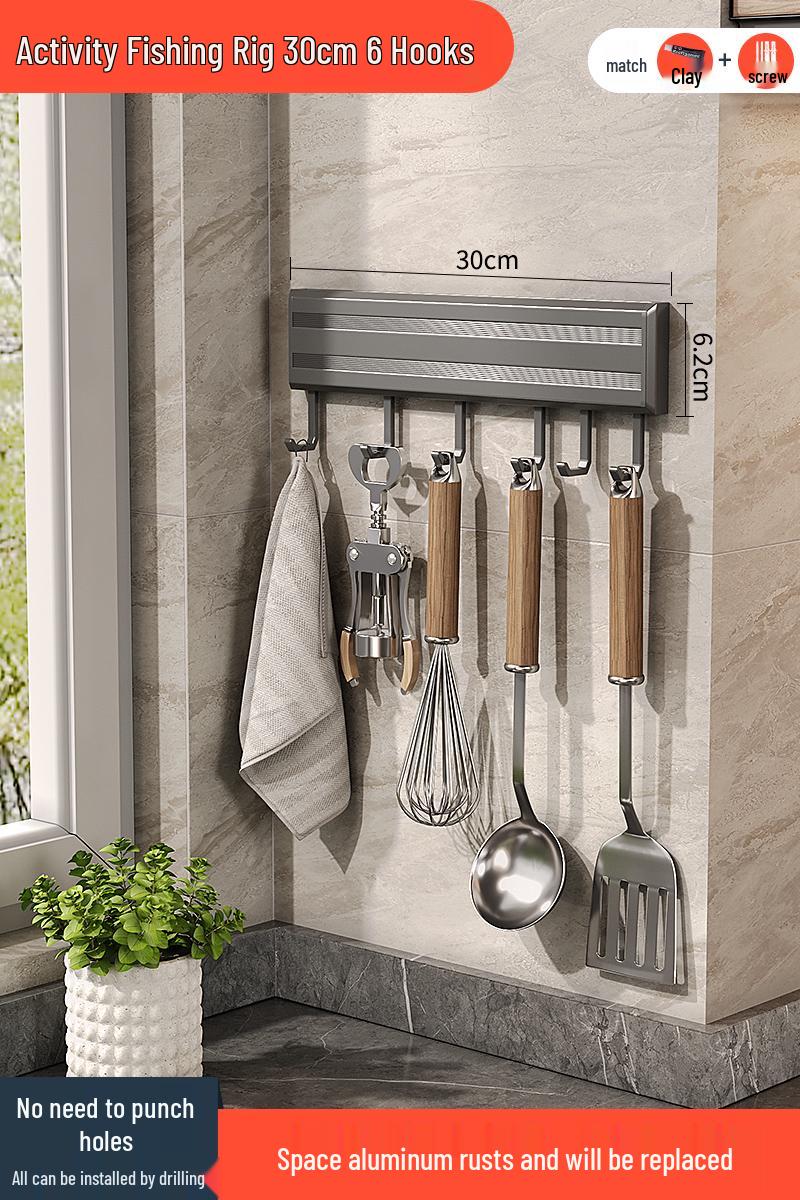 Wall-Mounted No-Drill Kitchen Storage Rack: Multi-Functional Knife Holder & Seasoning Organizer with Hooks