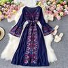 New Fashion Dress Women V Neck Contrast Color Embroidery Design Flare Sleeves A-line Long Female Dresses