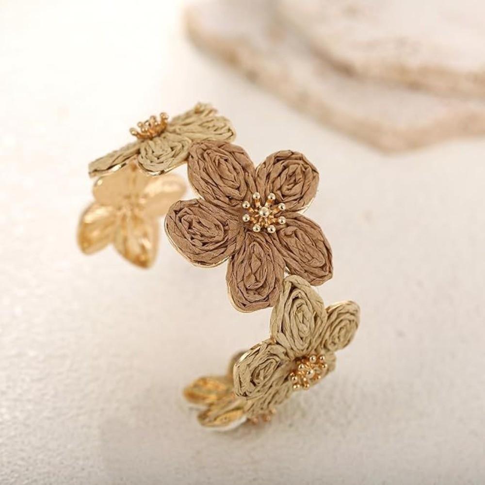 C-shaped Woven Flower Bangle Vintage Hand Ring Retro Raffia Grass Bracelet  Daily