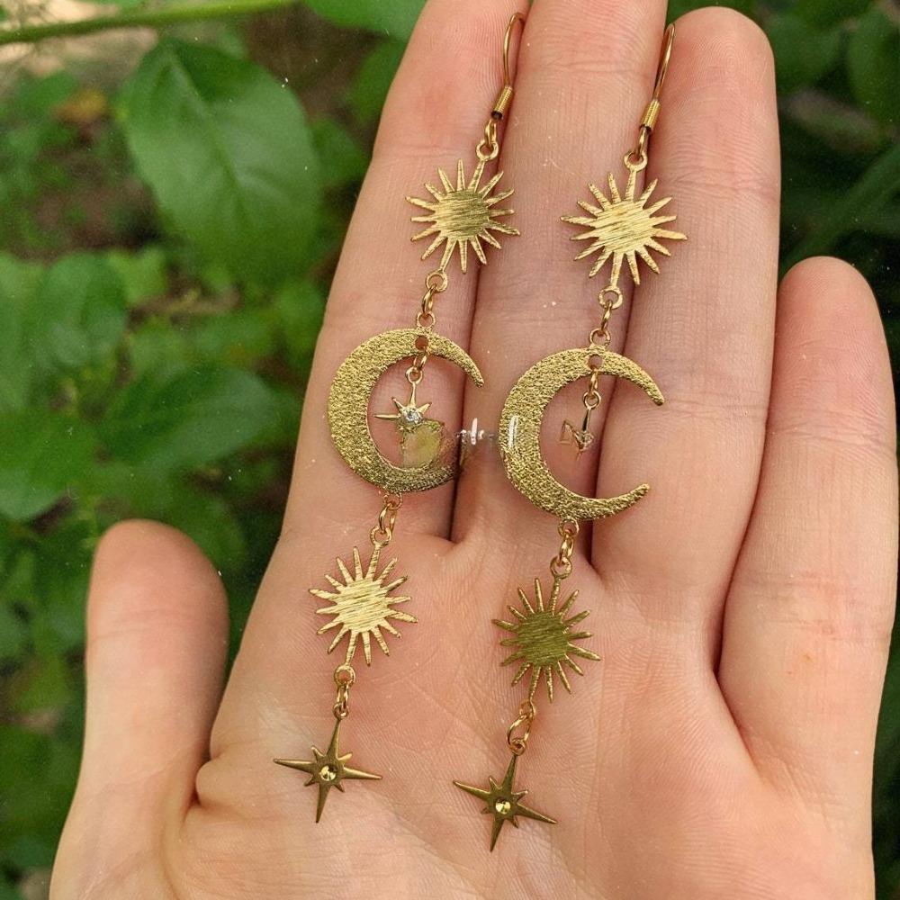 Bohemia Gold Color Stainless Steel Sun Crescent Moon Inlaid Zircon Miscanthus Awn Star Pendant Dangle Earrings for Women Jewelry