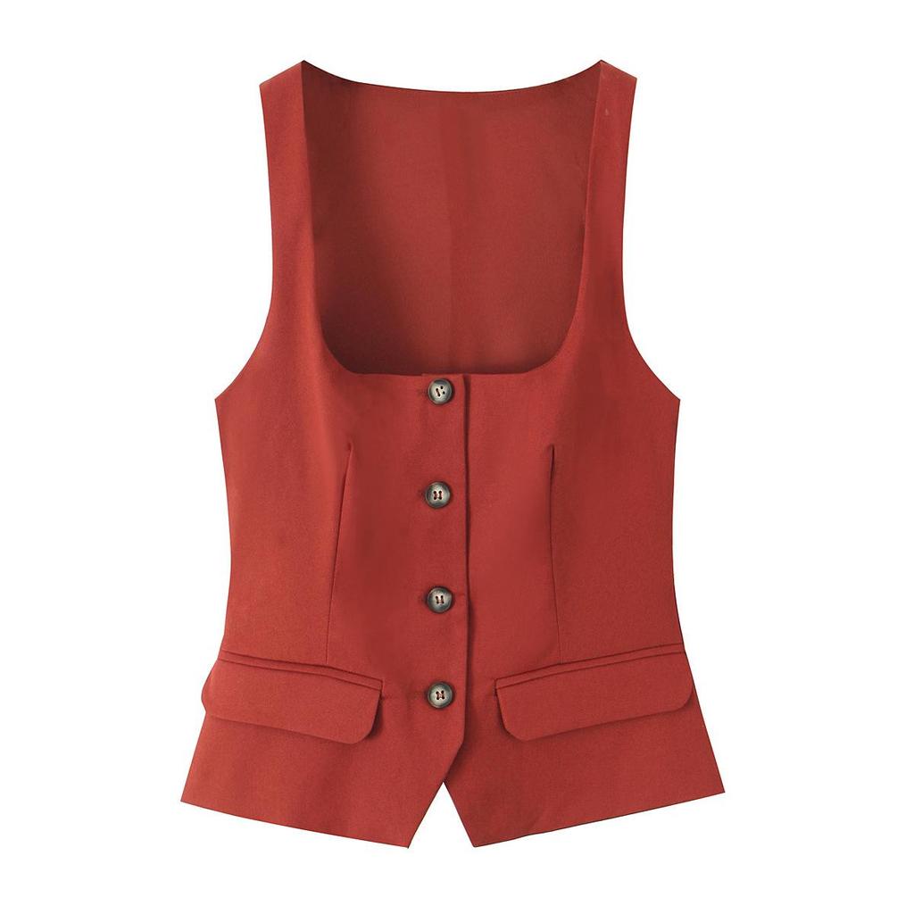 Spring 2025 Women's Versatile Slim Solid Sleeveless Button-Embellished Top