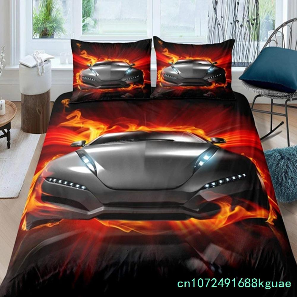 Race Car King Queen Duvet Cover Cool Speed Racing Bedding Set Teens Men Black Sport Car Quilt Cover Polyester Comforter Cover