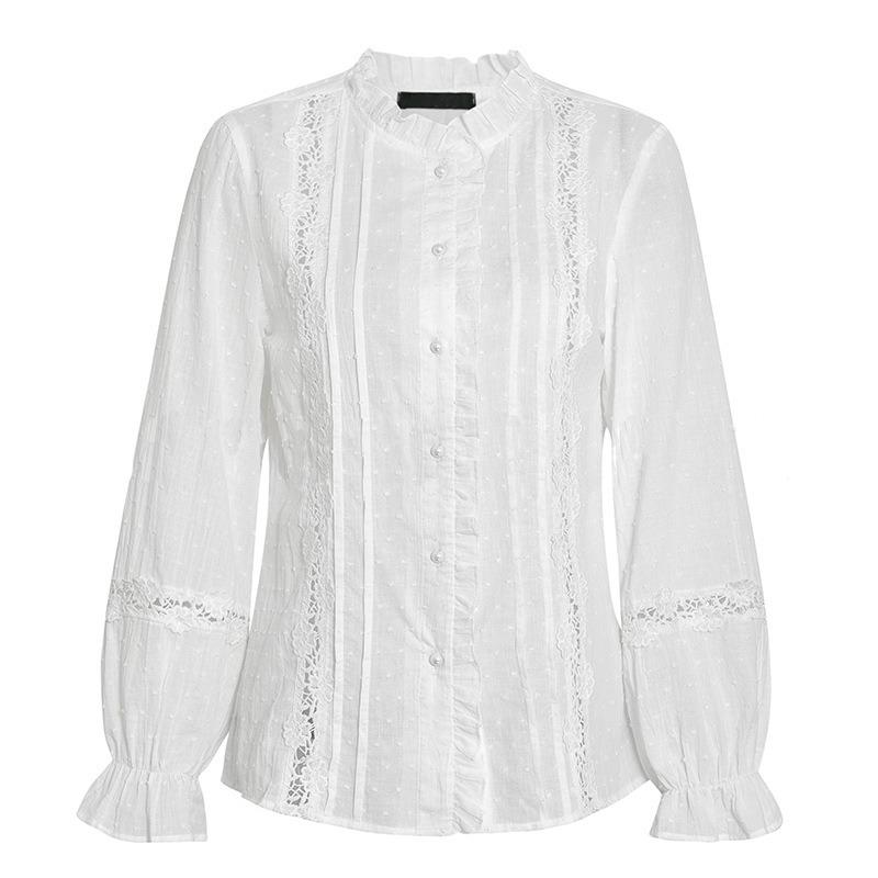Fashion Elegant Lace White Women Shirt Spring Summer Plus Size Hollow Out Casual Loose Blouse Office Ladies Sweet Long Sleeve Tops Stand Colllar Tops