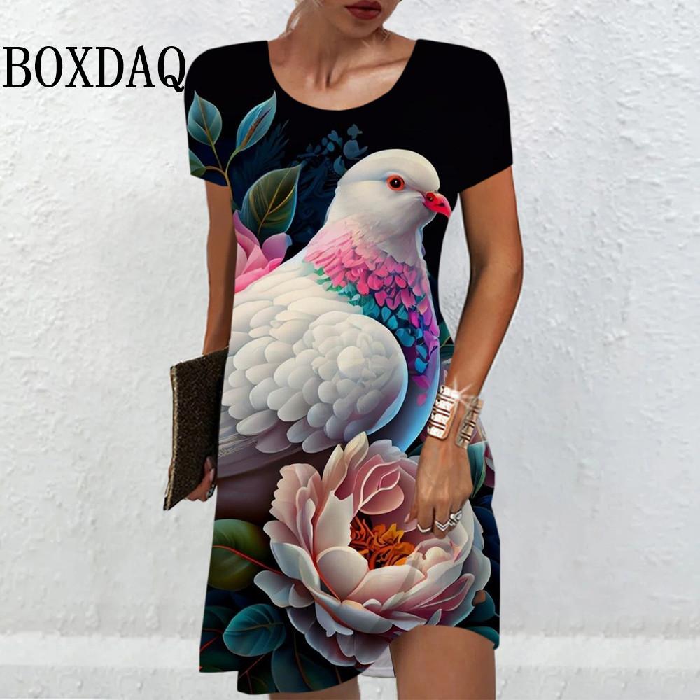 

Винтажное женское платье с принтом в виде птиц в 3D, летнее свободное мини-платье с коротким рукавом, повседневный пуловер, женская ретро-одежда, новый сарафан 8XL
