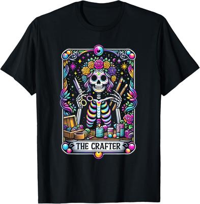 Sugar Skull Crafter Tarot Card Skeleton Graphic Tee Colorful Cotton Casual T-Shirt for Men