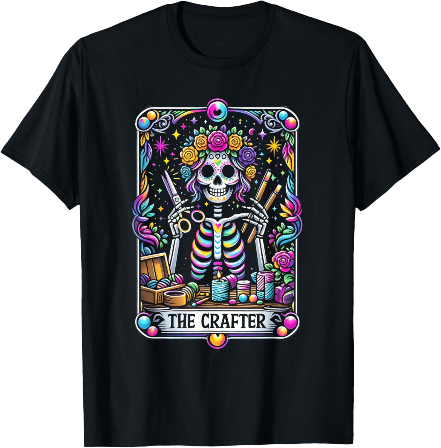 Funny Sugar Skull Crafty The-Crafter Tarot Card Skeleton T-Shirt S