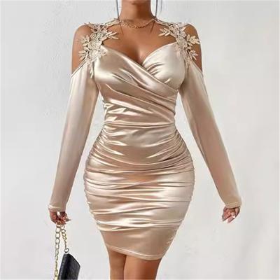 Elegant Satin Lace Bodycon Dress With Pleats For Women Stylish And Chic Lace Fit And Flare Skirt Bold And Trendy Bodycon Skirt