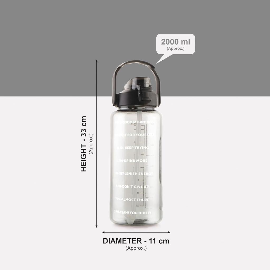 Smasher 2 Liter Quotes & Time Marker Sports Bottle With Easy To Carry Handle & Straw BPA Free, Leak Proof for Gym, Office, Workout- Black, Plastic