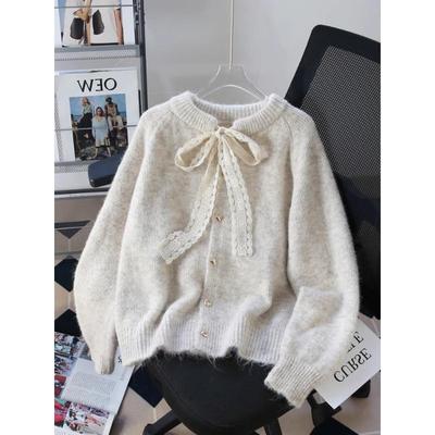 Butterfly Bow Ribbon Women's Cardigan Round Neck Solid Color Women's Knitted Sweater Woman Long Sleeved Korean Style Casual Warm Top