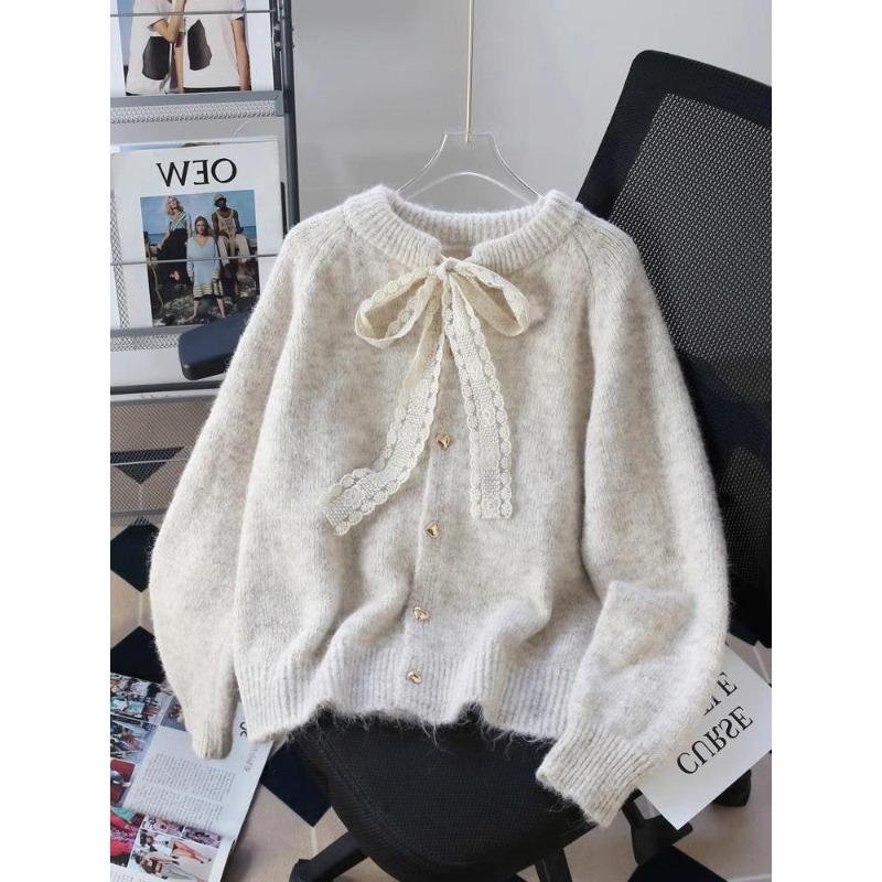 Butterfly bow ribbon women's cardigan Round neck solid color women's knitted sweater Woman long sleeved Korean style casual warm top