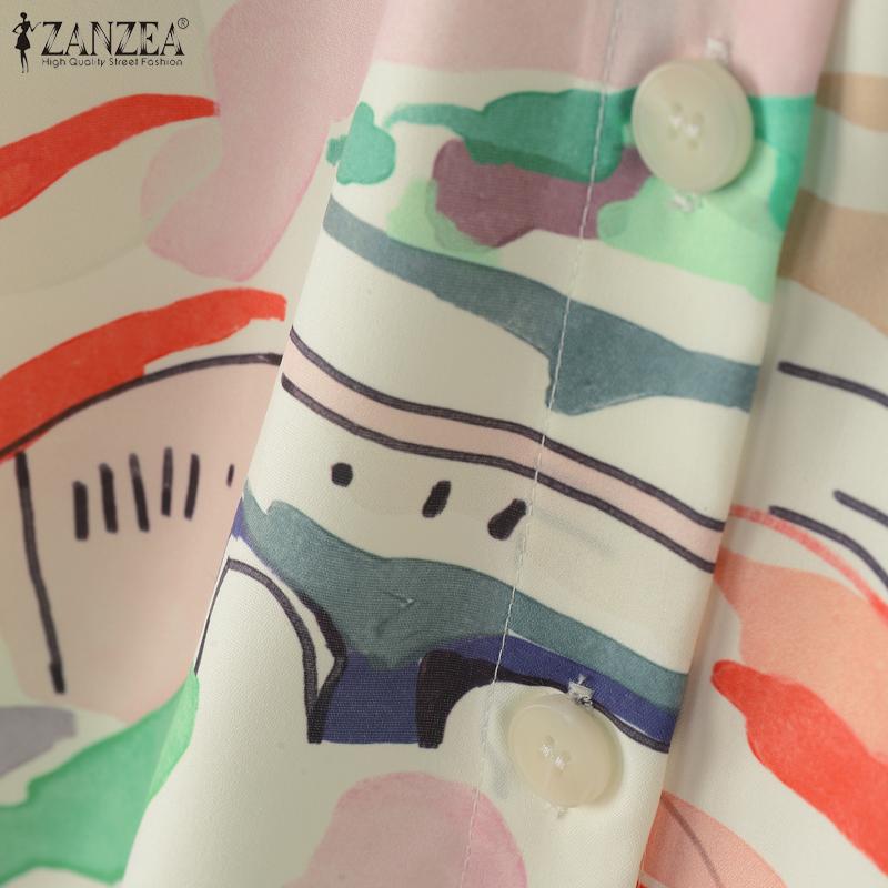ZANZEA Women Casual Turn Down Collar Loose Half Sleeve Print Blouse
