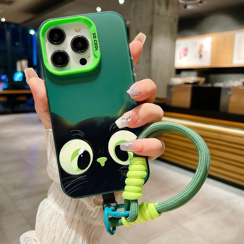 Cute Cartoon Black Cat Electroplate Lanyard Strap Phone Case For iPhone 15 14 13 12 11 16 Pro Max X XS 7 8 Plus Hand Strap Cover