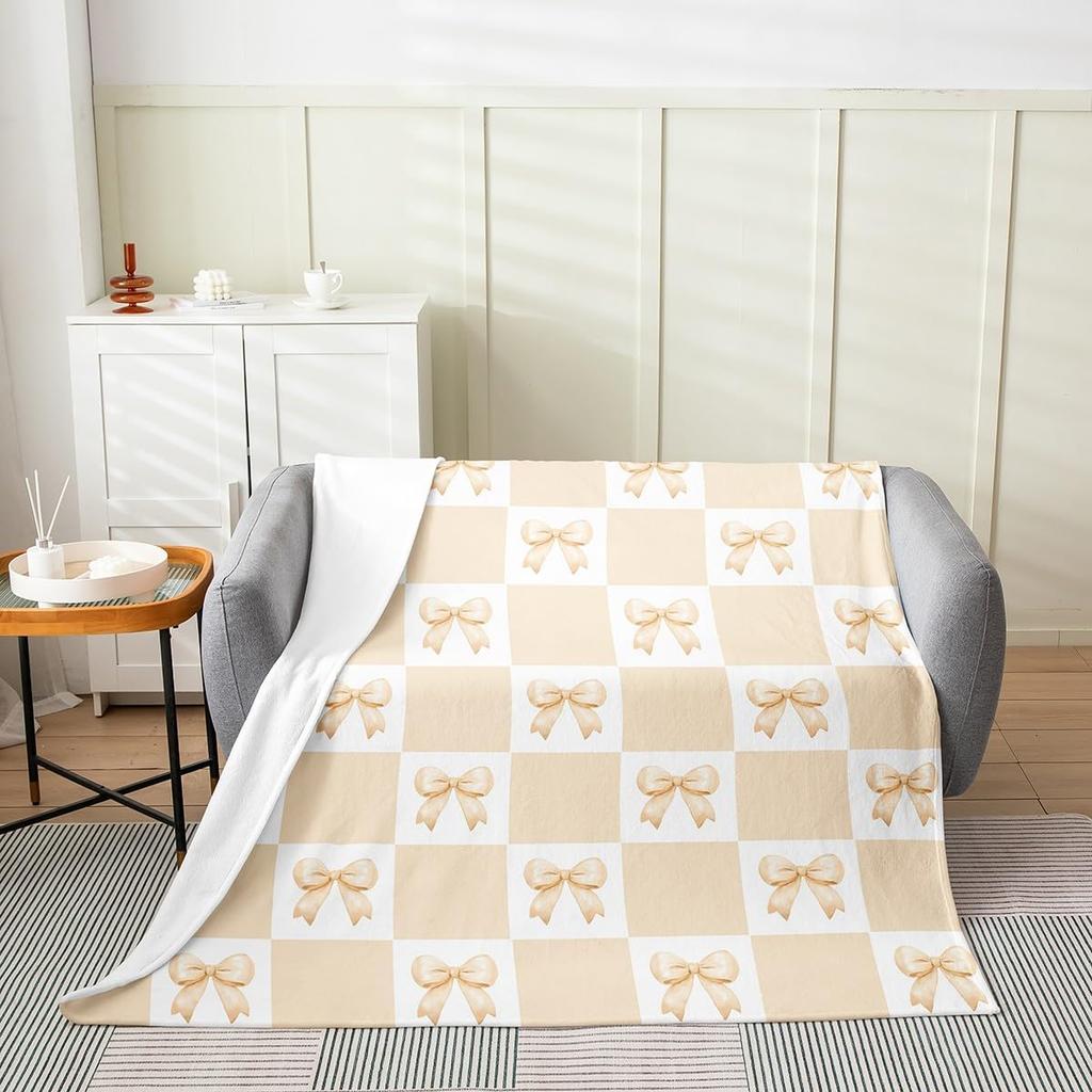 Cute Bowknot Fleece Blanket Princess Style Blue Bow Watercolor Plush Throw for Home Decor Geometric Grid Minimalist Dreamy Sofa
