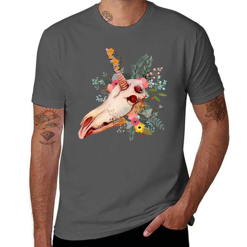 Unicorn Skull And Flowers Tshirt Graphic Print Short Sleeve Tshirt
