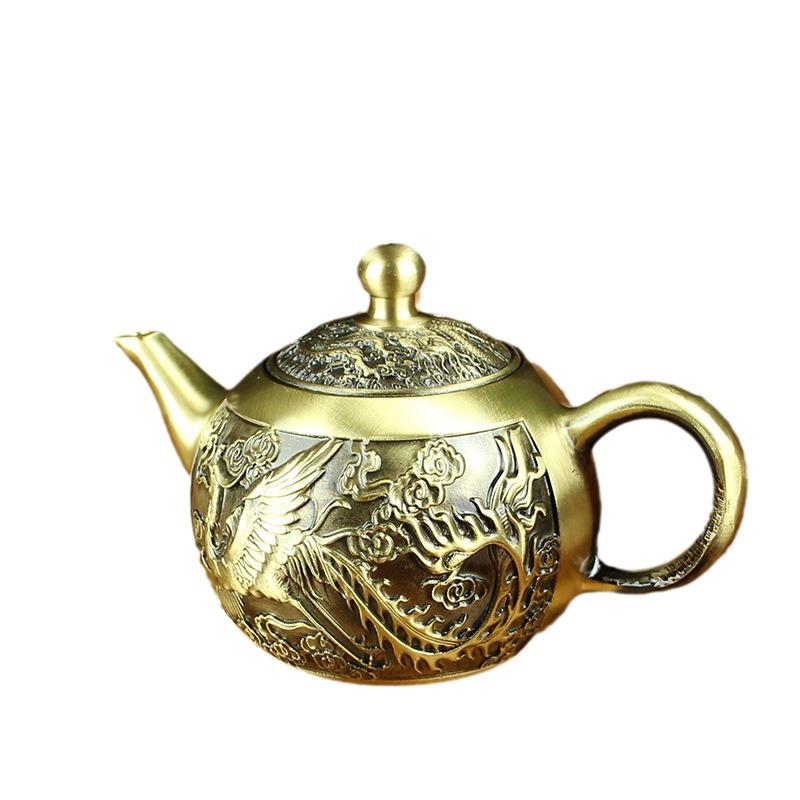 Brass Dragon & Phoenix Teapot Set: Auspicious Copper Ornament for Home and Gift
