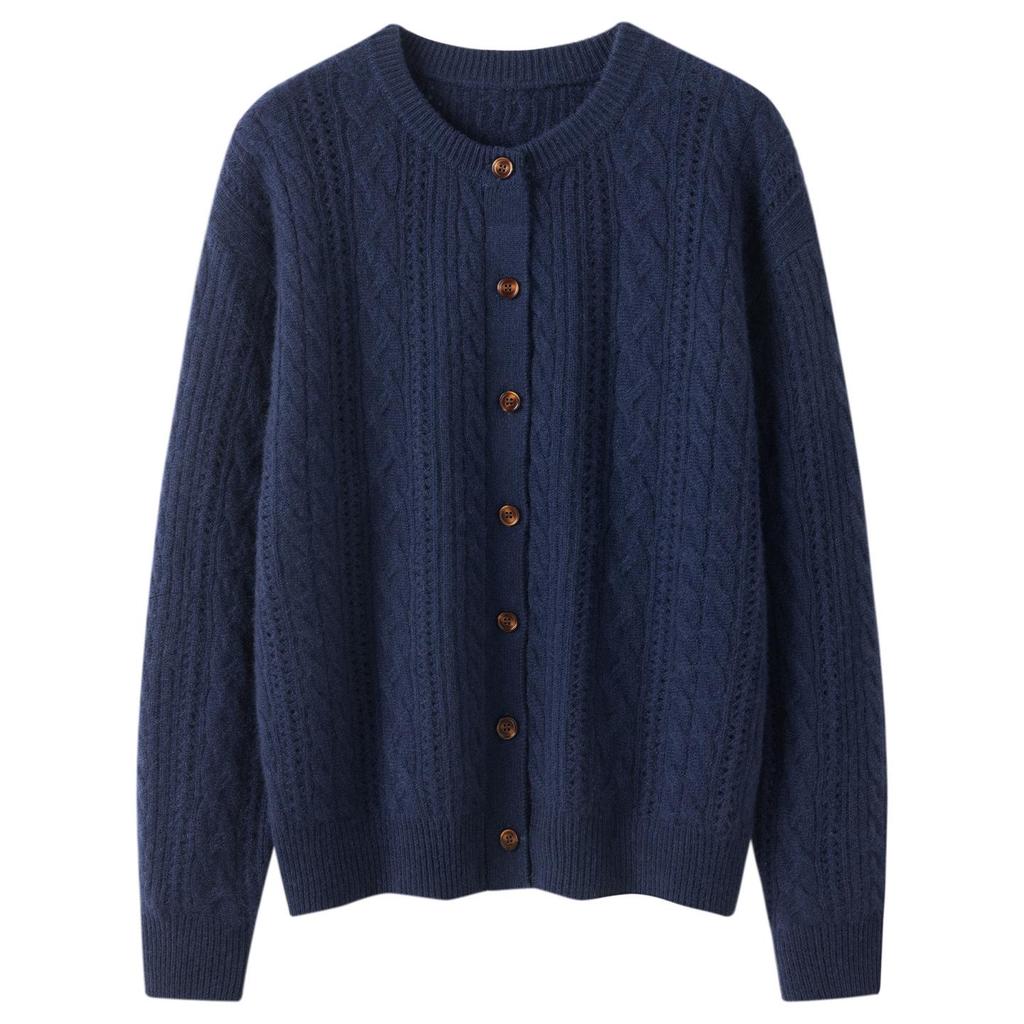 Women's Thickened Hollow-Out Cashmere Cardigan, Round Neck, Button-Up, Long Sleeve Wool Outerwear with Drop Shoulders.