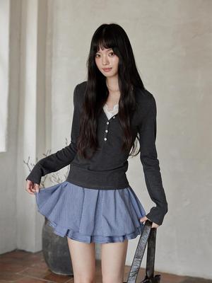 Xi Meng 2025 Herbst Koreanischer Stil Kurzes Spitzen-Patchwork Zweiteiliges Langarm-T-Shirt