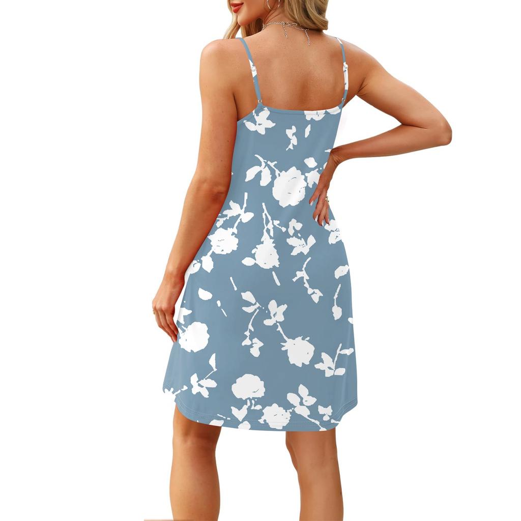 Fashion Women Summer Dress Vintage Floral Print Adjustable Spaghetti Straps Beach Vacation Casual Dress With Pockets